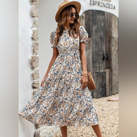 Shein White dress with yellow/orange flowers and blue designs - Picture 1 of 7